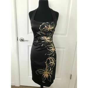 Cache Black and Gold Foil Floral Midi Dress Size 4